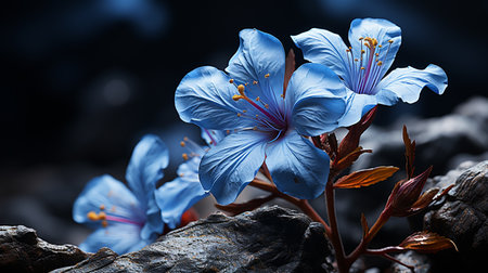 Blue flower growing in dark stone background.の素材