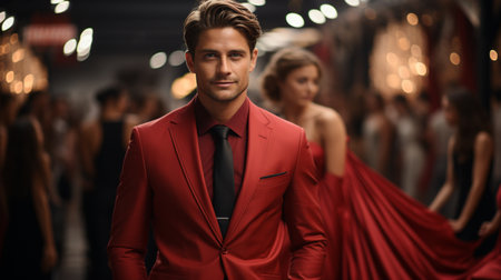 Male model in red shirt on fashion show.の素材