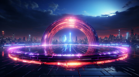Digital geometry round with a neon lights.の素材