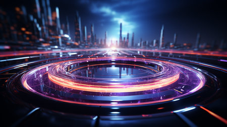 Digital geometry round with a neon lights.の素材
