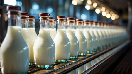 Bottles of milk on conveyor belt.の素材