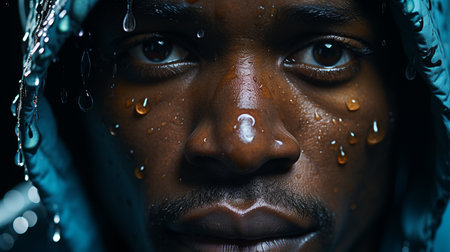 Portrait of black man with a water drops on face.の素材