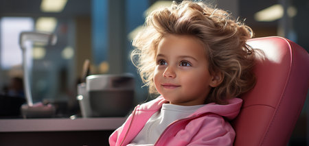 Child sitting on chair in dentist's.の素材