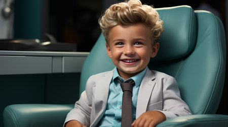 Child sitting on chair in dentist's.の素材