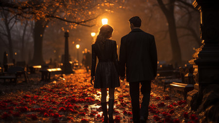 Couple walking in cemetery.の素材