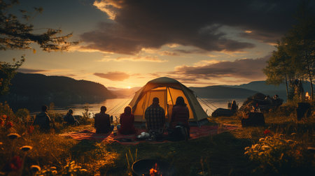 People with a tent in nature at sunset.の素材