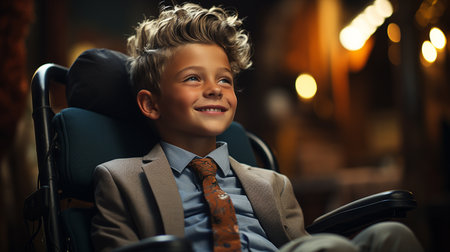 Young boy sitting in chair.の素材
