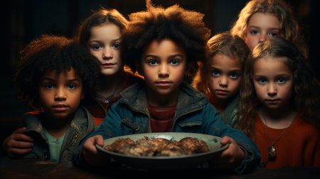 Black child holding plate.の素材