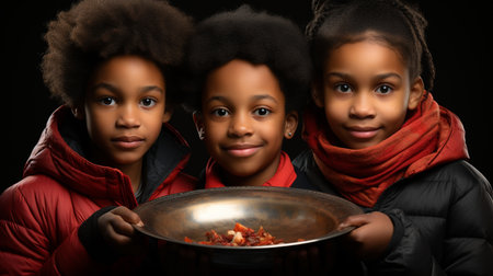 Black child holding plate.の素材