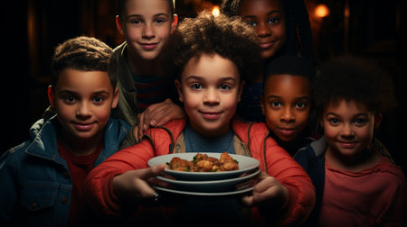 Black child holding plate.の素材