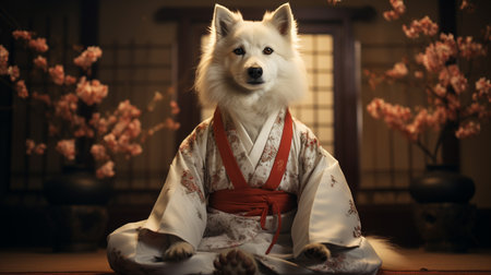 Funny dog in white kimono exercising karate.の素材