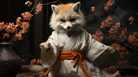Funny fox in white kimono exercising karate.の素材