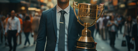 Businessman holding a trophy.の素材