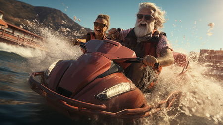 Elderly man riding in water scooter.の素材