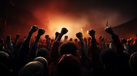 People holding hands in the air.の素材