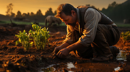 Farmer working in a soil.の素材