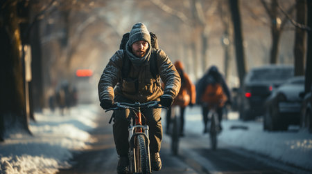 Man riding a bicycle in winter.の素材