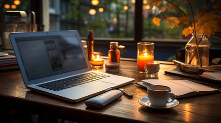 Laptop computer and other items on the table.の素材