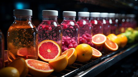 Juice bottles with fruit on a conveyor belt.の素材