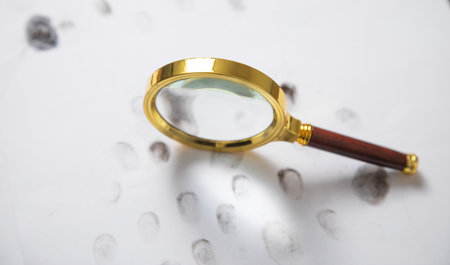 Magnifying glass and fingerprints. Detective. Investigationの写真素材