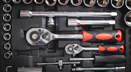 Background of a toolbox. Wrenches of different sizes