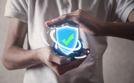 Man showing a shield icon. Web security