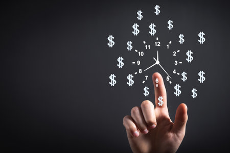 Human showing clock with a dollar symbols. Time is moneyの写真素材