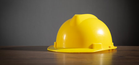 Yellow construction helmet on the wooden table.の写真素材