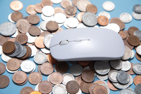 Computer mouse and coins on the blue background.