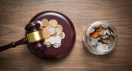 Stack of coins with judge gavel.の写真素材