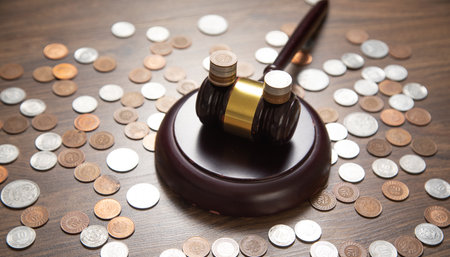 Stack of coins with judge gavel.の写真素材