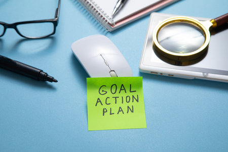 Goal. Action. Plan on sticky note. Business conceptの写真素材