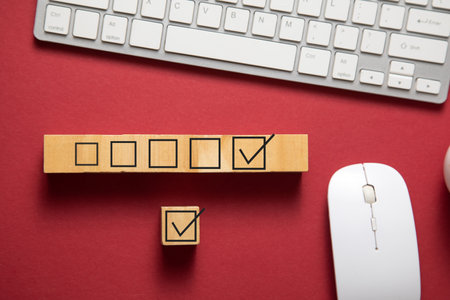 Checkbox on wooden block. Business concept