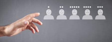 Human icons with positive and sad face, stars. Customer evaluation and satisfaction