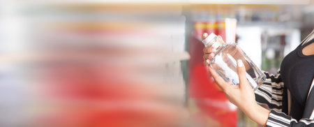 Woman buying vodka at supermarket.の写真素材