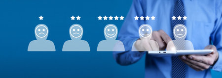Human icons with positive and sad face, stars. Customer evaluation and satisfaction