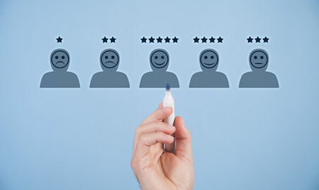 Human icons with positive and sad face, stars. Customer evaluation and satisfaction