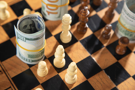 Chess figures and dollar money on the chessboard.