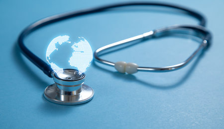 Stethoscope with a globe on the blue background.の写真素材