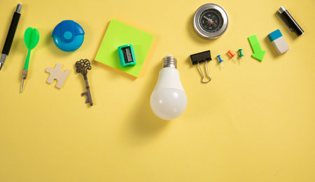 Light bulb with a business supplies. Business. Creative ideaの写真素材