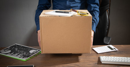 Businessman with a cardboard box and business objects. Job loss. Unemployment