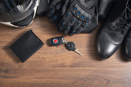 Outfit of biker and accessories. The lifestyle of a riderの写真素材