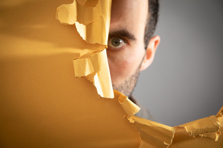 Man looking through hole in paper.の写真素材