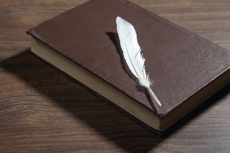 Bird feather and book on the wooden table.の写真素材
