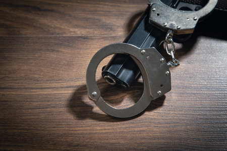 Handcuffs and pistol on the wooden background.の写真素材