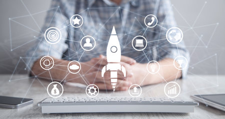 Rocket with a business icons and network. Business. Startup