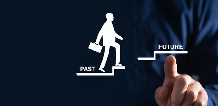 Human symbol climb Past to Future stairs.の写真素材