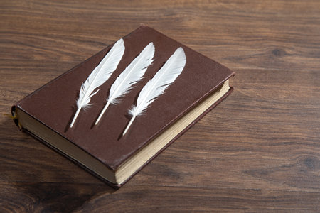 Bird feather and book on the wooden table.の写真素材