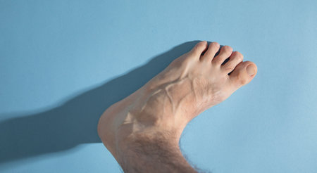 Male barefoot on the blue background.の写真素材