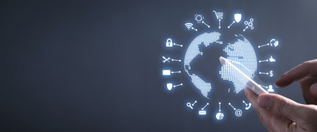 Human showing globe with business icons.の写真素材